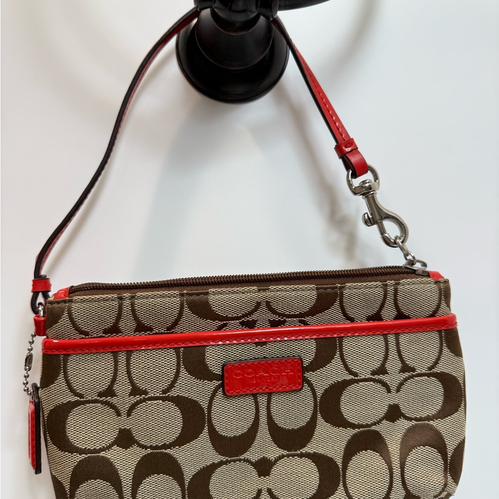 Coach Brown and Red Signature Wristlet